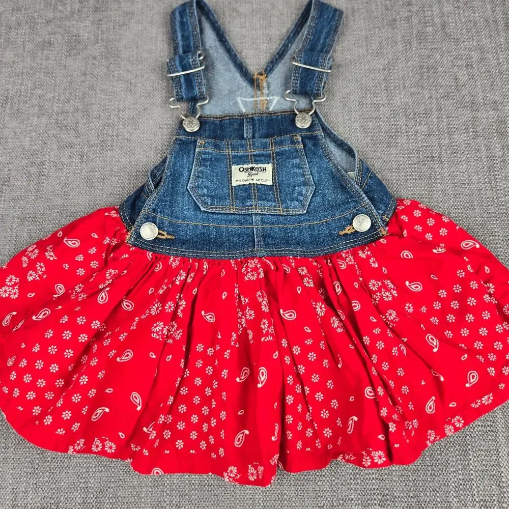 OshKosh B'gosh Baby Girls Denim Overalls Bandana Skirt Dress 9M Red